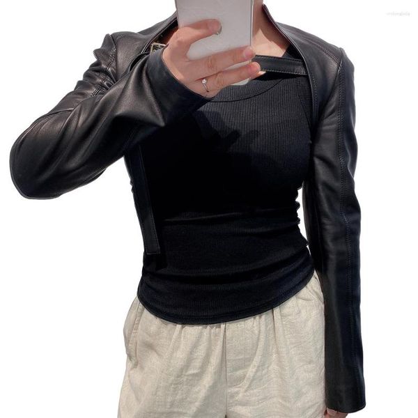 

women's leather jacket women 2023 autumn black elegant slim crop ladies