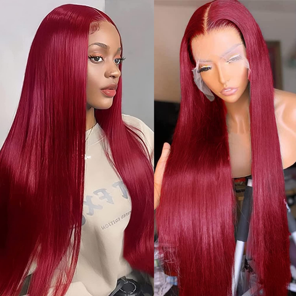 

99J Burgundy Brazilian Straight Hair 13x6 Lace Front Human Hair Wigs Red Colored Pre-Plucked Lace Frontal Wigs for Women