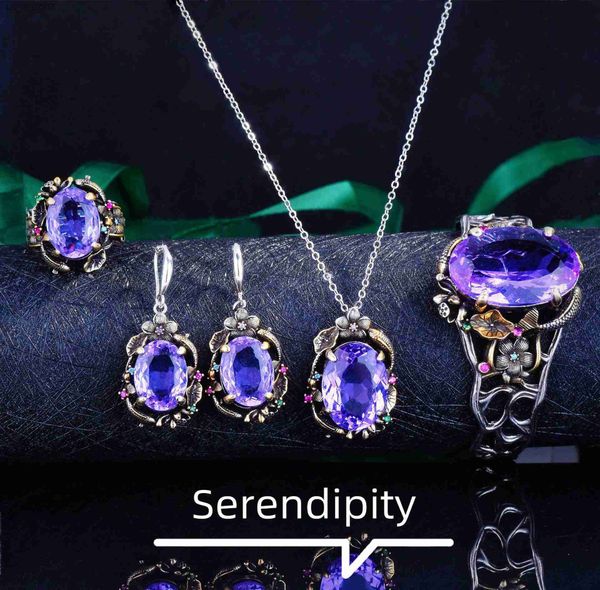 

luxurious imitated amethyst vintage jewelry sets for women bracelets earrings pendant necklaces rings birthday mothers day gift l230620, Silver