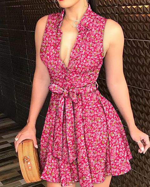 

urban dresses tied detail shirt dress women pink ditsy floral print sleeveless high waist swing dress summer vestidos party dresses 230809, White;black