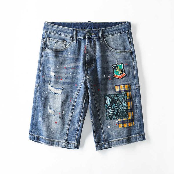 

2022dsq trendy men's personalized style patch hip hop street style men's pants denim shorts high cargo, Blue