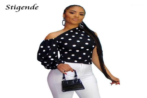 

stigende lantern sleeve polka dot crop blouse women casual slash neck short blouse fashion one shoulder shirts blouses18564582, White