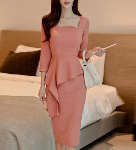 

2020 spring summer dress suit women elegant vintage office lady bodycon slim business work formal wear fake two piece outfit set1661881, Black;gray