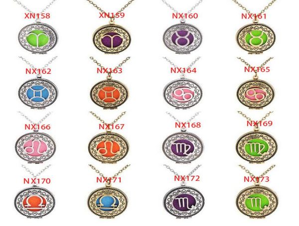 

brand new 5 pads 12 zodiac symbol necklace flowers locket pendant necklaces premium aromatherapy essential 60cm chains jewelry8438522, Silver