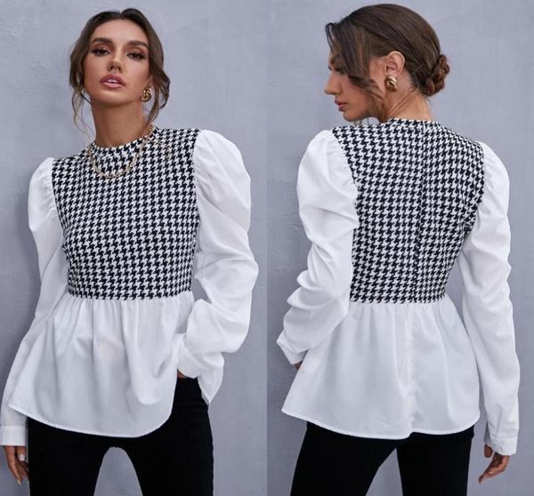 

women039s blouses shirts elegant houndstooth patchwork shirt blouse women 2021 fashion oneck long sleeve white office casual8226964