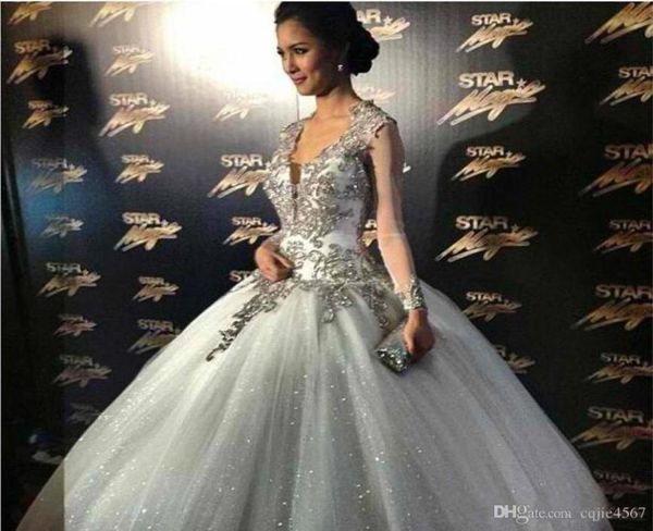

2019 new arrival wedding ball gowns sheer long sleeves ball gown court train backless white tulle brides gown 20188313800