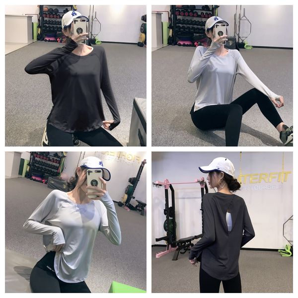 

fitness loose round neck sports shirt slim running yoga clothes beautiful back quick-drying long sleeve spring and summer, White;red