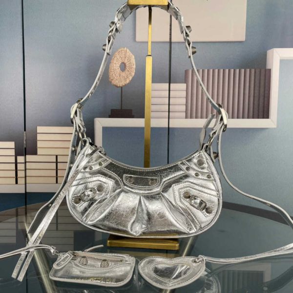 

motorcycle handbag crossbody bag moon armpit bags genuine leather handbags purse classic letter nails decor adjustable strap card holder pen