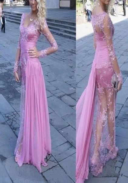 

2018 illusion lace sheath prom dresses with vneck long sleeves floor length ruching side sash chiffon evening dresses5176309, Black