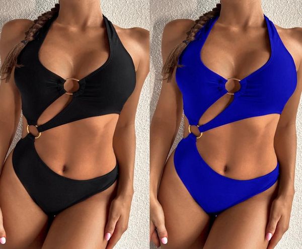 

cut out bikini set halter bandage ring solid women brazilian monokini bathing suit 2021 new 1515390, White;black