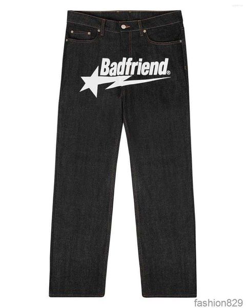 

y2k jean hip hop badfriend letter printing baggy pants harajuku fashion punk rock wide foot trousers streetwear, Blue