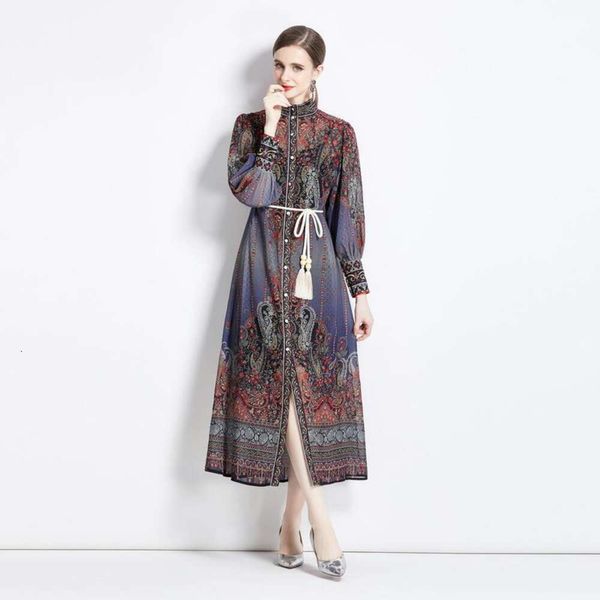 

autumn womens clothing ethnic style retro collar lantern sleeves printed skirt malay muslim dress, Black;gray