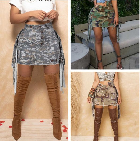 

2023 skirts camouflage tassel mini cargo women button up bodycon patch summer spring high street clothes bottoms, Black
