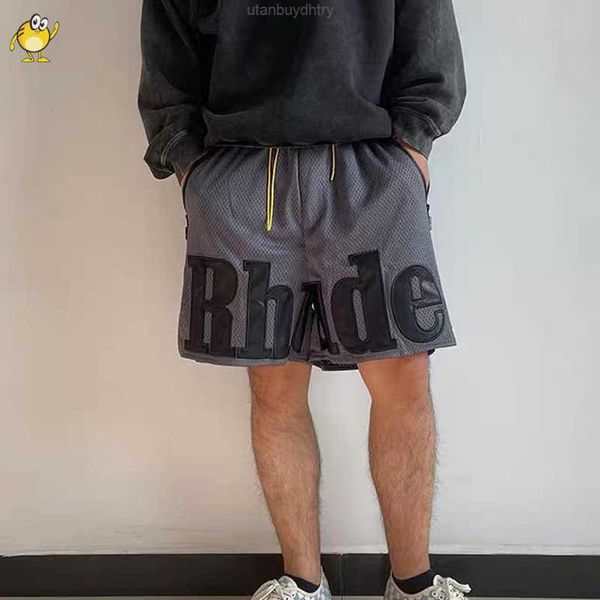 

summer mesh breathable zipper drawstring joggers leather big patch letter pattern men woman casual streetwear rhude shorts, White;black