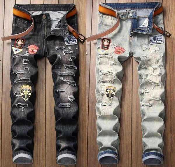 

men's jeans hole nostalgic personality badge men retro patch straight slim pants black and color -kermen's1811380, Blue