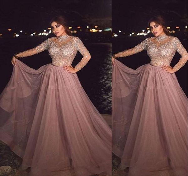 

2021 high neck dusty pink muslim evening dresses wear illusion long sleeves crystal beaded plus size tulle arabic formal dres3804756, Black;red