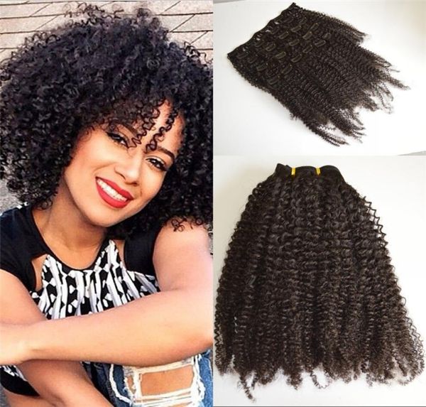 

4b 4c afro kinky curly clip in human hair extensions 7pcsset full head malaysian clip ins fdshine6235583, Black;brown