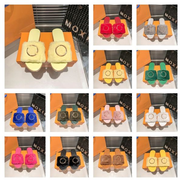 

l and v fur slippers 2023 furry plush wool slipper women lady gold-tone circle buckle slides lock it flat mule flufy fuzzy monograms home sc, Black