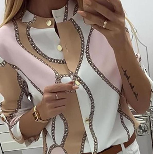 

chains print button design casual blouse women long sleeve workear elegant office ladies shirt womens and blouses6111332, White