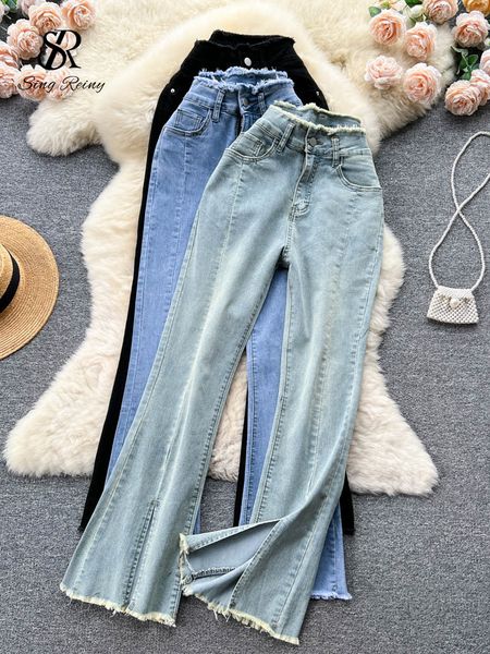 

women's pants s singreiny 2023 retro denim female hight waist fashion split button slim wide leg trouser women casual long flare 230808, Black;white