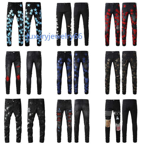 

black ripped designer jeans skinny mens fit distressed torn for man rip pants damaged patchwork long zipper distress destroyed denim youth s, Blue