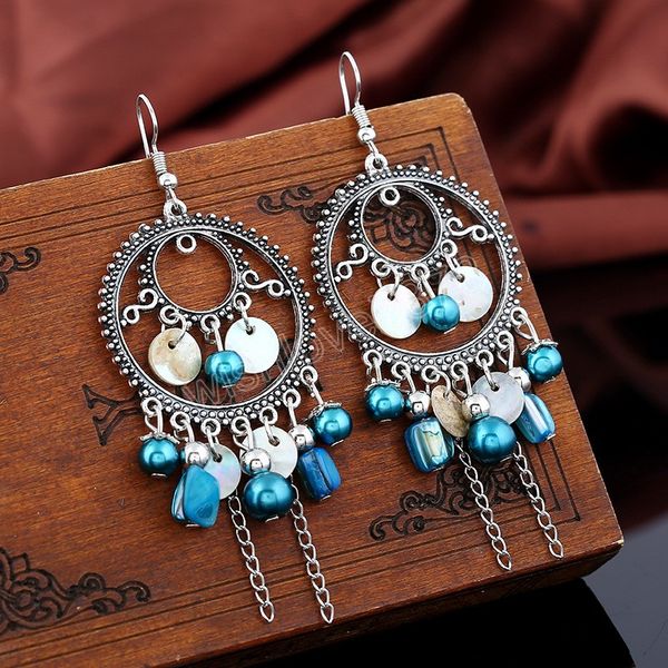 

ethnic vintage silver color round dangle earrings bohemian multicolor beads chain tassel earrings female vacation party jewelry