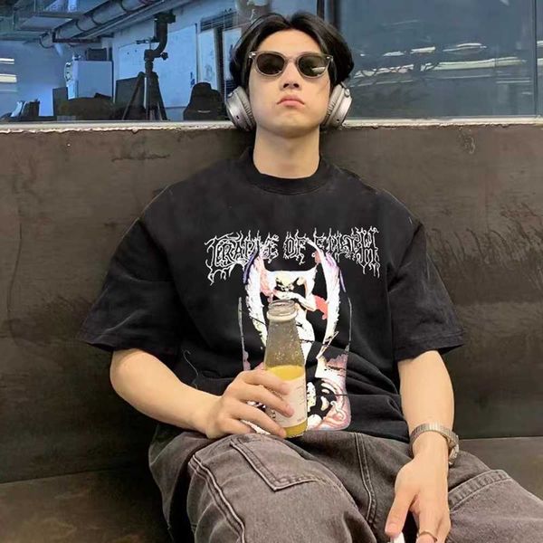 

vintage american style printed short sleeve pure cotton loose oversized tee t-shirt for men clothing, White;black