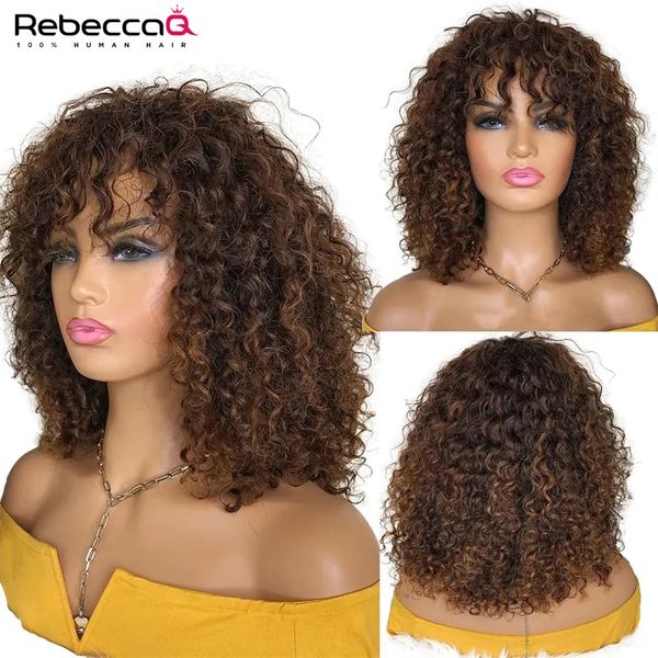

synthetic wigs short curly bob human hair wigs with bangs full machine made wigs highlight honey blonde colored wigs for women remy hair 230, Black