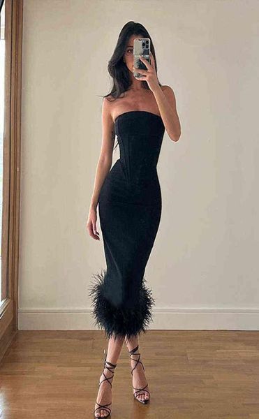 

woman sleeveless feather tube dress solid tight fashion elegant wrap dress women 2022 summer party club midi robe t2208165187234, Black;gray