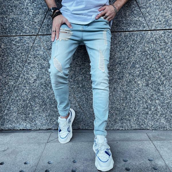 

men's jeans skinny streetwear youth male fashion ripped slim small foot denim pants casual stretch cotton cowboy trousers boys 230809, Blue