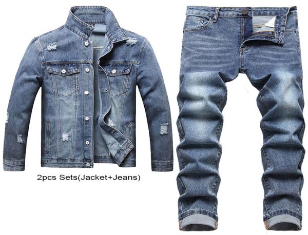 

ripped slim fit men039s 2pcs jeans set hole long sleeve jacket and stretch pants male casual vintage ropa hombre cargo suit str1378244, Gray