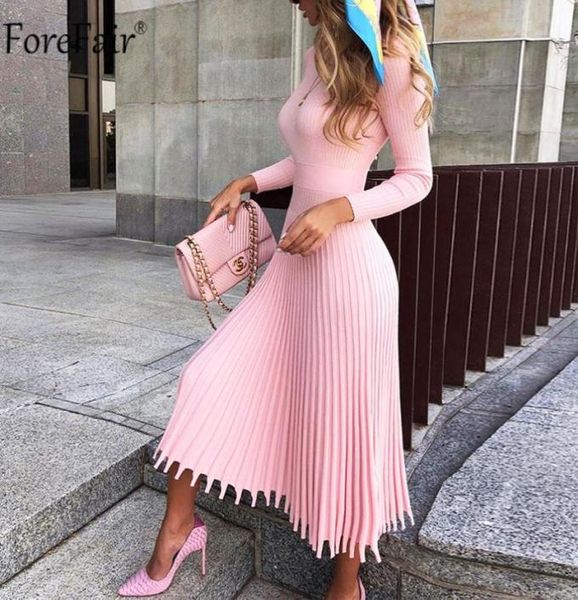 

forefair o neck pink pleated knitted midi dress autumn winter long sleeve ribbed a line elegant o neck casual office ladies3139978, Black;gray