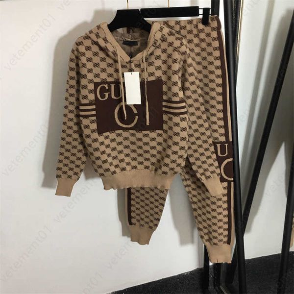 

designer tracksuit womens hoodie with long pant suit monogrammed jacquard hooded knit sweatshirt elastic waist casual pants lady sweat two p, Gray