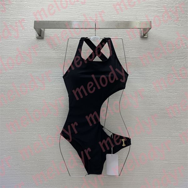 

fashion brand swimwear hollow one piece swimsuit classic print metal letter women swimming bikini, Black