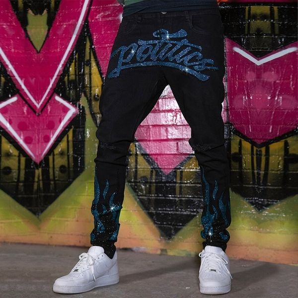 

mens jeans quilted embroidered jeans skinny ripped grid stretch denim pants man elastic waist patchwork jogging trousers 230808, Blue
