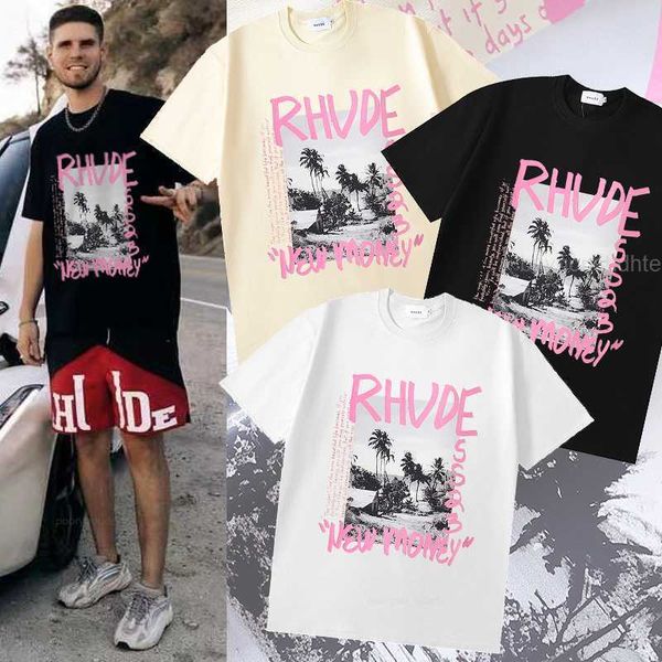 

2023 spring summer rhude t shirt men women vintage seaside scenery print short sleeve tees top, White;black