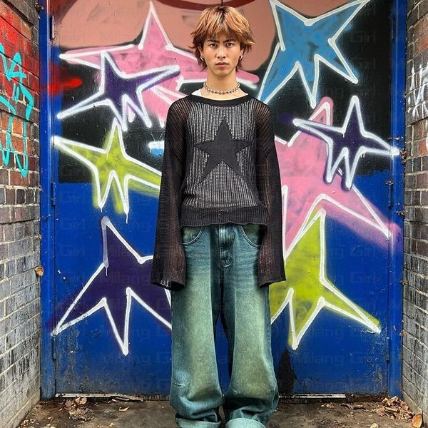 

men's sweaters y2k men's sweater harajuku hollow out knit pullovers crewneck autumn vintage star graphic grunge fashion smock swea, White;black