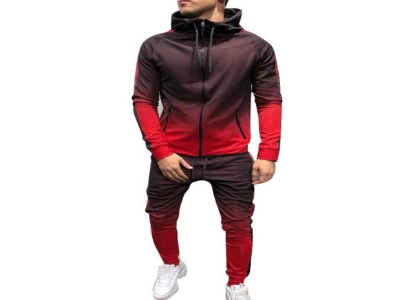

2020 men tracksuit sets hoodie sweatsuit pencil pants slim fit gradient joggers gym suit fashion man sets1000084, Gray