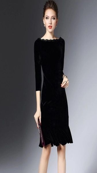 

women039s autumn new fashion party slash neck long sleeve black color velvet bodycon tunic mermaid knee length dress vesti4538511, White;black
