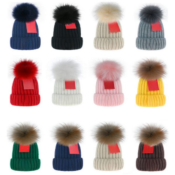 

designer winter knitted beanie wool hat women chunky knit thick warm faux fur beanies hats female bonnet detachable hairball skull caps gift, Blue;gray
