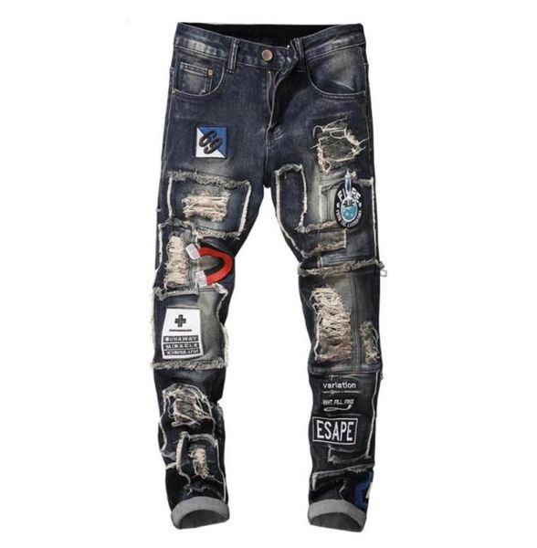 

ginzous men039s badge patchwork ripped embroidered stretch jeans trendy holes patches design slim straight denim pants71427207293733, Blue