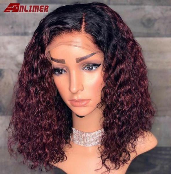 

water wave ombre burgundy short curly lace front human hair wigs malaysian remy colored human hair wigs 99j short lace front wig2551170, Black;brown
