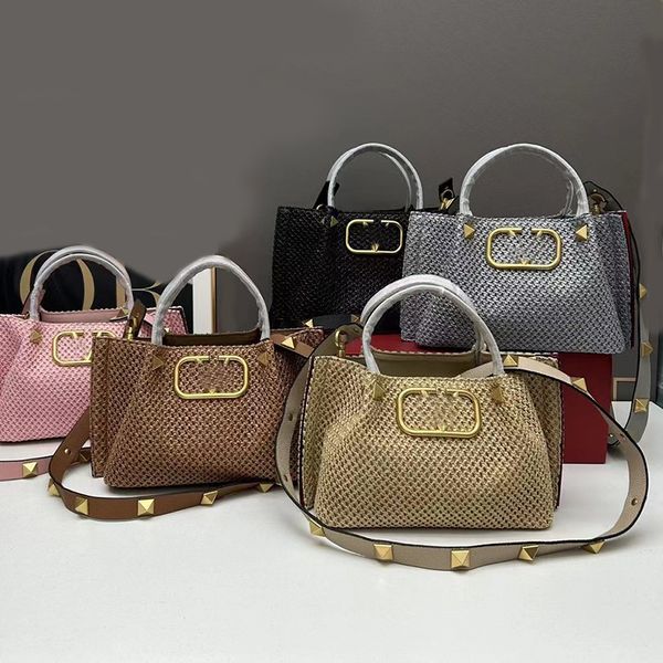 

designer tote bag straw bag women's beach bag luxury pink crossbody leather handle wallet rivet casual handbag casual canvas crochet qu
