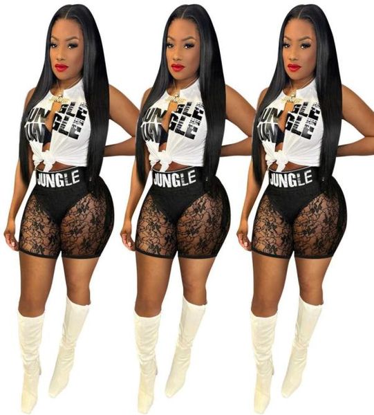 

women two piece lace mesh shorts set fashion cardigan letter printed tshirt irregular split outfits5199143, Gray