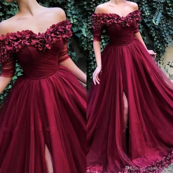 

burgundy off the shoulder tulle a line long evening dresses 2022 short sleeves ruched split 3d floral formal party prom wear dress325j, Black;red