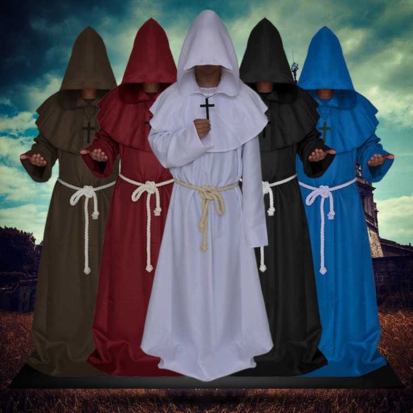 

medieval monk costume wizard priest costume halloween robe cosplay role play costume, Black;red