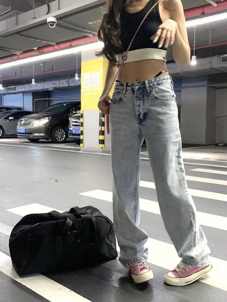 

designer jeans women low rise bikini patchwork denim pants fake two pieces of wide leg pants, Blue