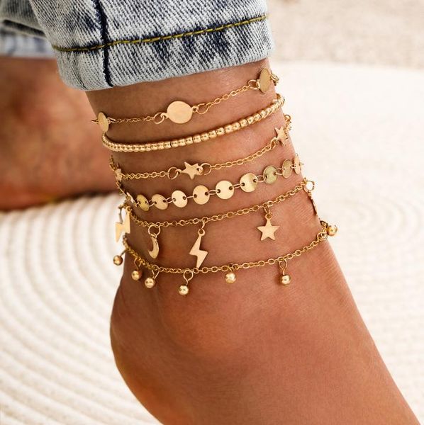 

bohemia multilayer beads anklet set fashion sequins star ankle bracelets for women summer beach foot jewelry leg chain anklets4136224, Red;blue