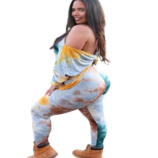 

women's plus size pants sets 5xl tie dye two piece women fall clothing ope back leggings jogging tracksuit wholesale drop 230809, Black