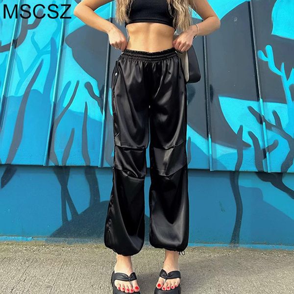 

women's pants s black satin parachute pant fashion casual summer elastic waist loose jogger trousers with pockets 230808, Black;white
